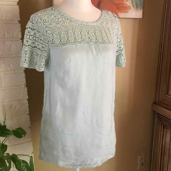 J. Crew Factory Tops - J Crew Top Womens 2 Mint Green Linen Crochet Lace Blouse‎ Beachy Cruise Vacation